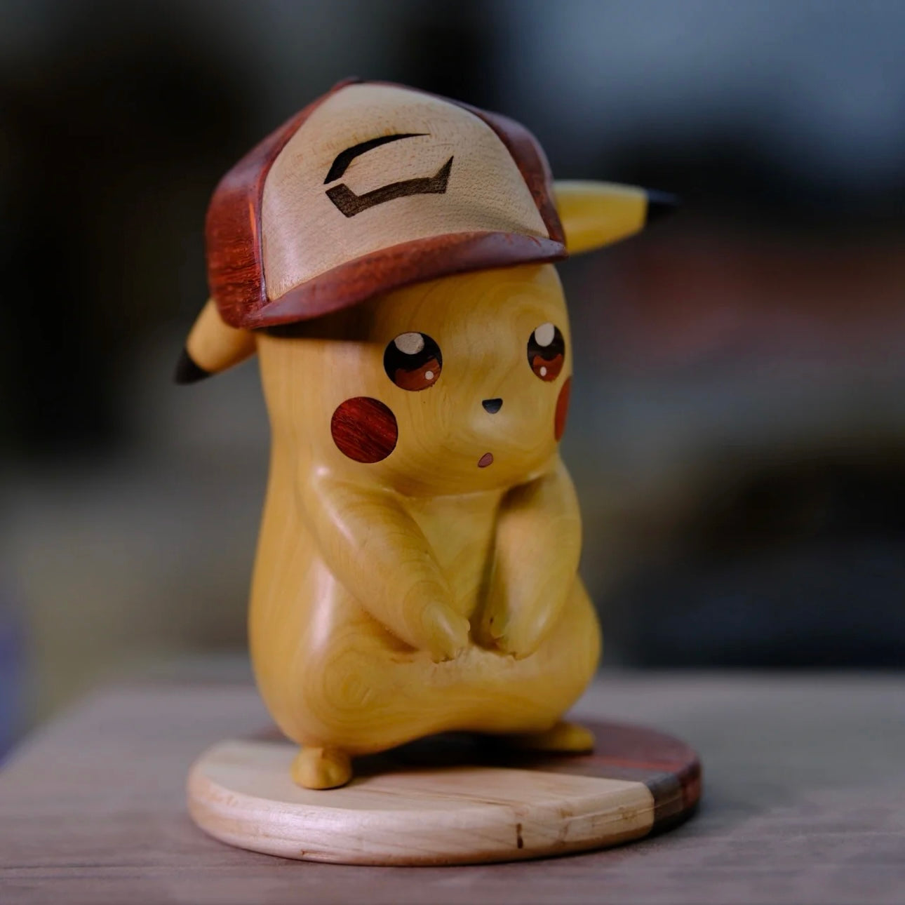 Hand-Carved Boxwood Pokemon-Inspired Pikachu Figurine – Artisan Wooden Collectible Decor