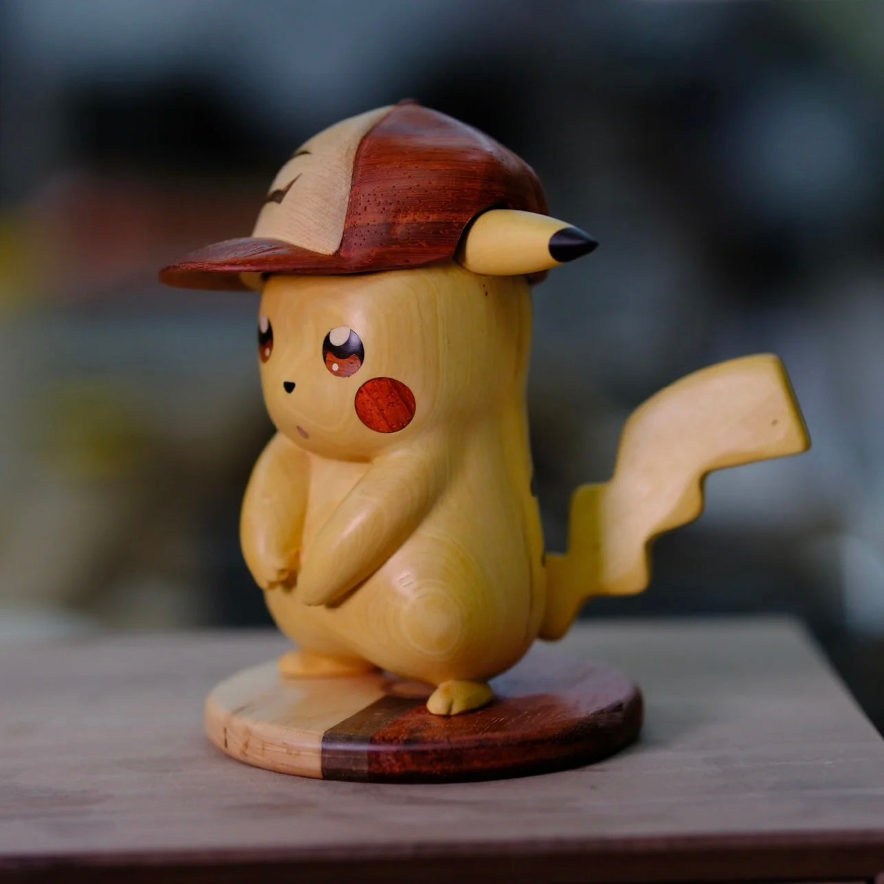 Hand-Carved Boxwood Pokemon-Inspired Pikachu Figurine – Artisan Wooden Collectible Decor