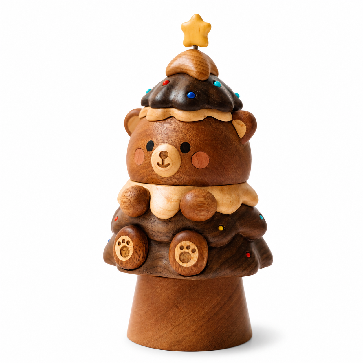 Original Handcrafted Wooden Bear Christmas Tree Music Box — Wind-Up Holiday Keepsake