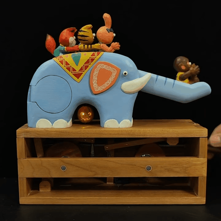 Hand-carved Wood Elephant Slide Automata: A Nostalgic Ride