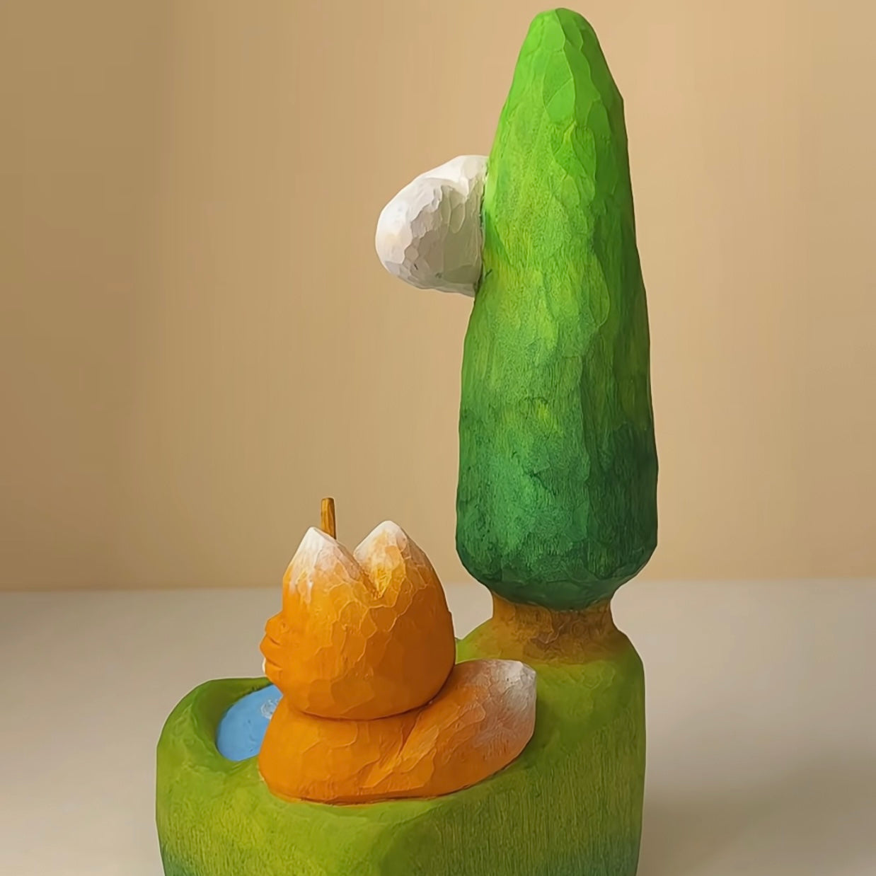 Hand-Carved Wooden Fox Fishing by a Pond – Whimsical Nature Decor
