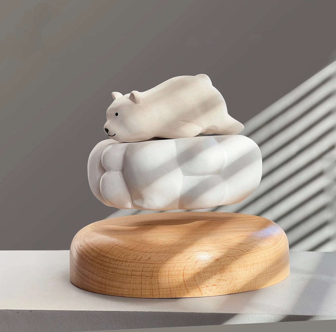 Original Handmade Wooden Craft Levitating White Polar Bear - A Charming and Healing Gift for Family and Friends