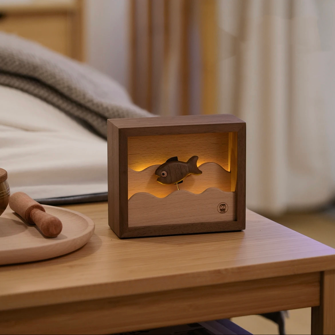 Original Handcrafted Walnut Wood Fish Night Light - Unique Artwork for a Charming Space - Unique Gift Home Decoration