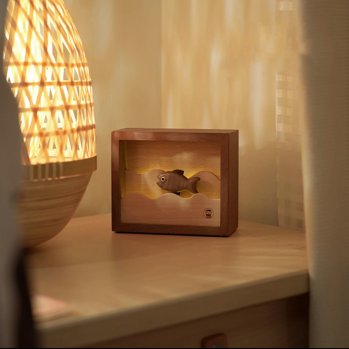 Original Handcrafted Walnut Wood Fish Night Light - Unique Artwork for a Charming Space - Unique Gift Home Decoration