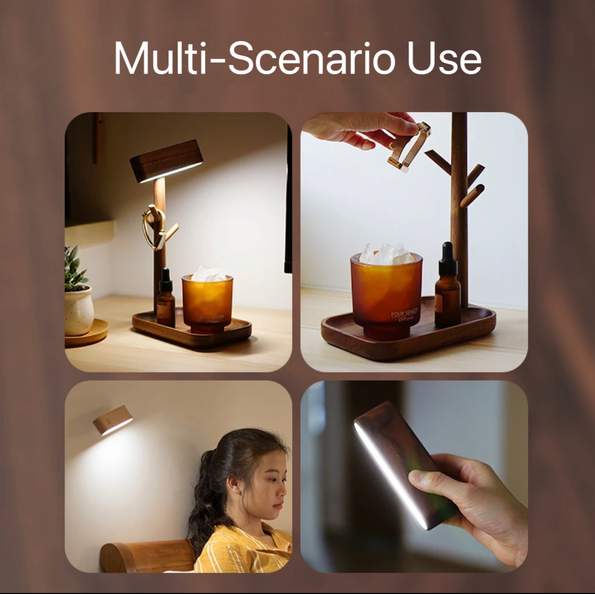 Multi-Functional Creative Walnut Desk Lamp, Small Items Storage Shelf, Study Desk Bedside Wall Lamp, Auto Memory Brightness, Eye-Care