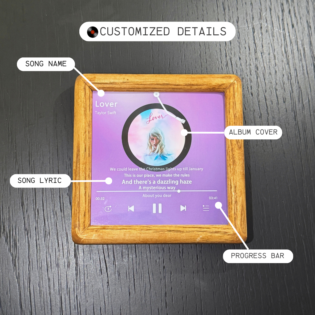 Personalized Song & Lyrics Display – Black Walnut Frame Music with Type-C Charging
