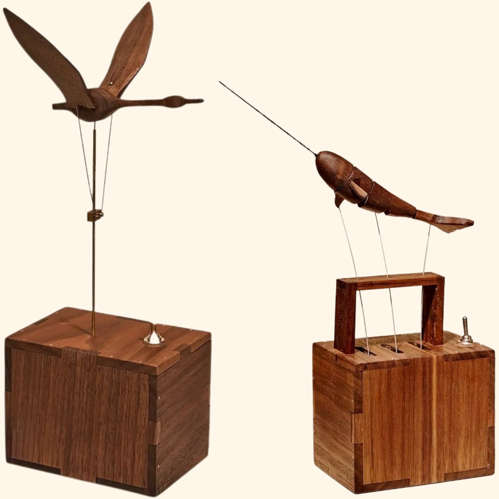 Handmade Walnut Wood Automata Jellyfish, Swan, Narwhal Music Box