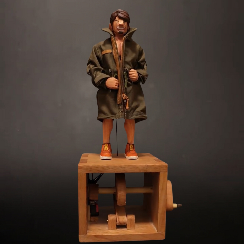 Hand-carved Wood Muscle Man Automata Lamp: Twist the Crank, Ignite the