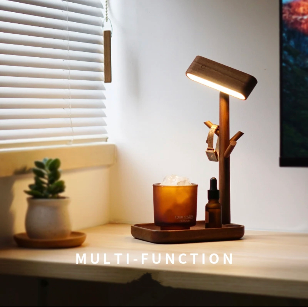 Multi-Functional Creative Walnut Desk Lamp, Small Items Storage Shelf, Study Desk Bedside Wall Lamp, Auto Memory Brightness, Eye-Care