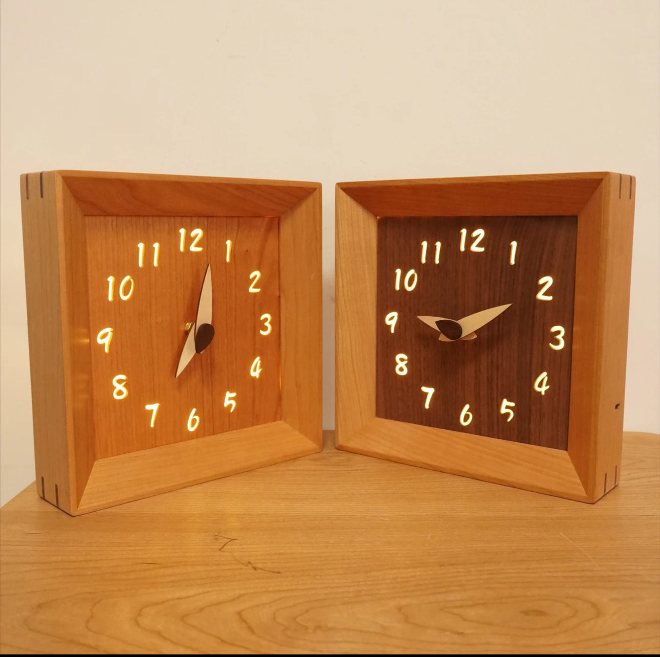 CraftsMM Handmade Wooden Clock Silent Adjustable Soft Light, Cherry Wood Walnut Square Rustic Natural Wood Clocks Decor for Home Kitchen Living Room Office, Type-C Charger(8 Inch)