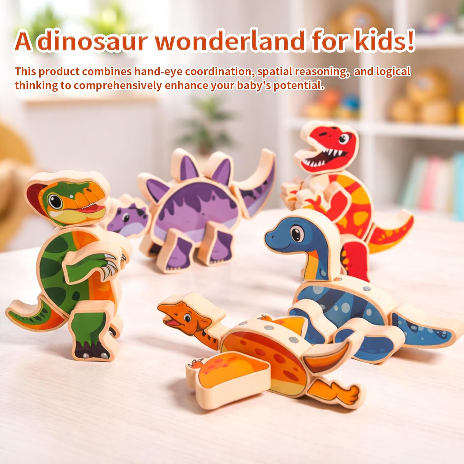 Magnetic Wooden Dinosaur Building Toy Set for Toddlers