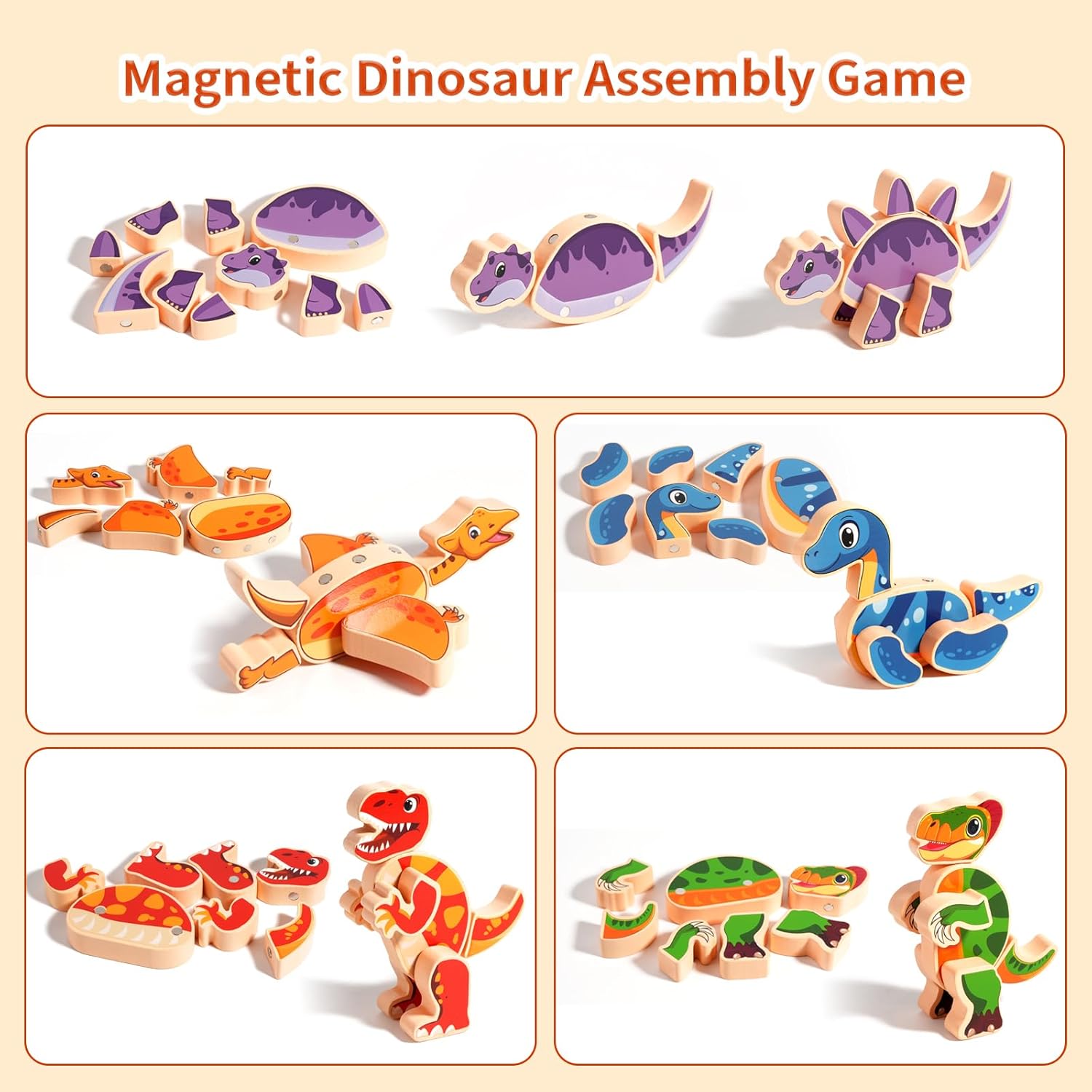 Magnetic Wooden Dinosaur Building Toy Set for Toddlers