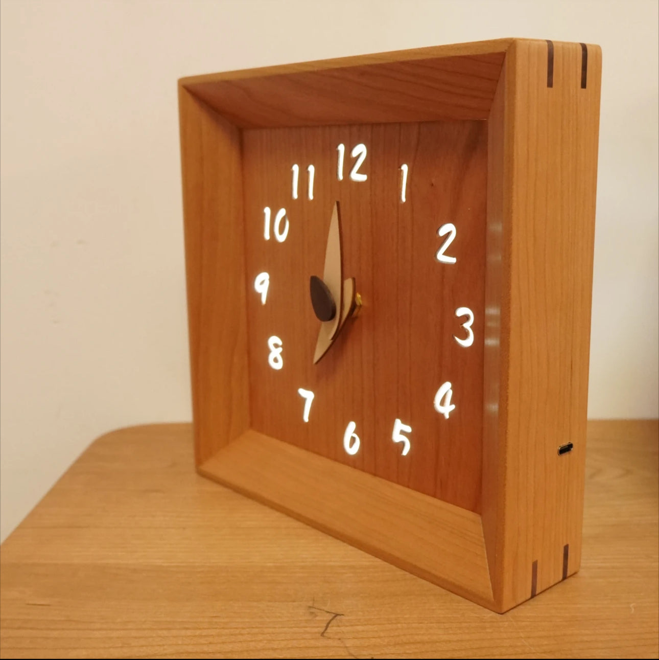 CraftsMM Handmade Wooden Clock Silent Adjustable Soft Light, Cherry Wood Walnut Square Rustic Natural Wood Clocks Decor for Home Kitchen Living Room Office, Type-C Charger(8 Inch)