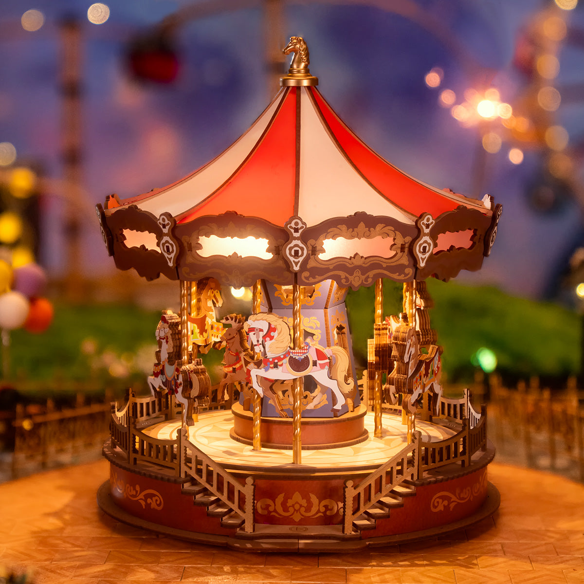 Classic Carousel 3D Wooden Puzzle — Rotating Music Box with LED Lights
