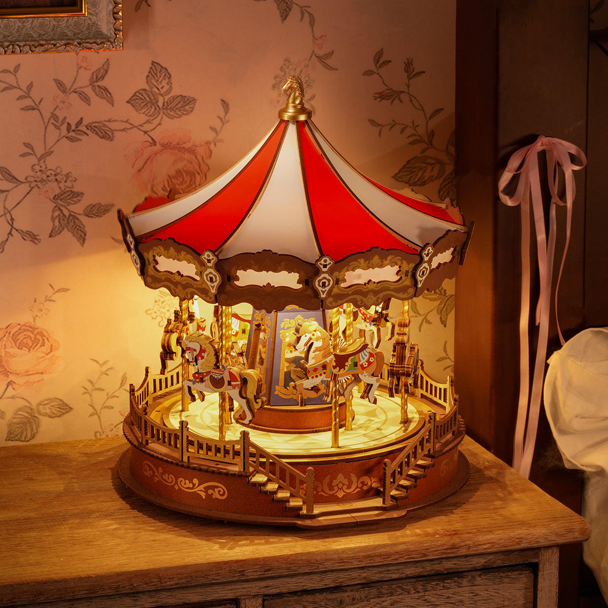 Classic Carousel 3D Wooden Puzzle — Rotating Music Box with LED Lights