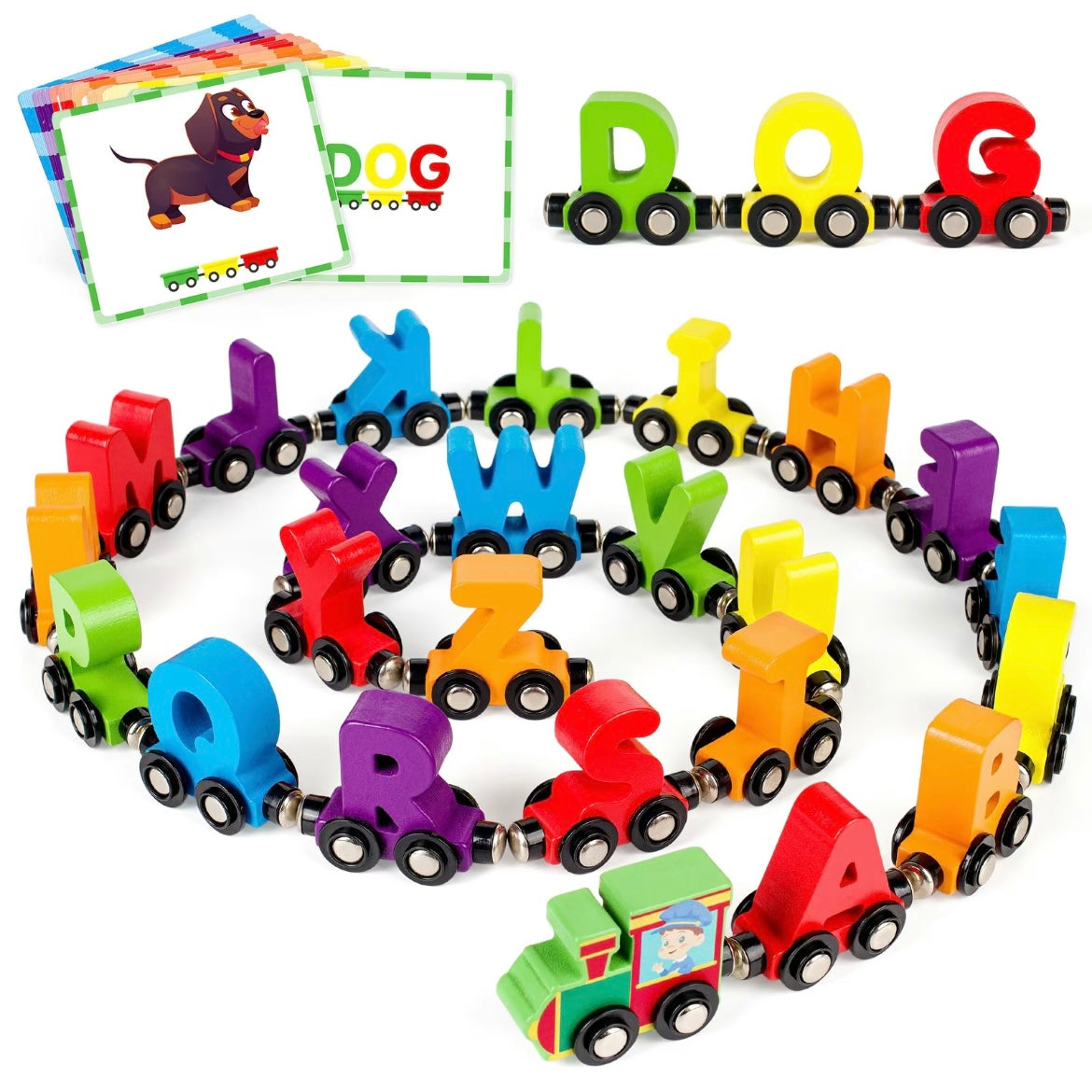 Magnetic Alphabet Train Set with Word Cards – 26 Wooden Letter Cars & 42 Flashcards for Spelling, Early Learning & STEM Play