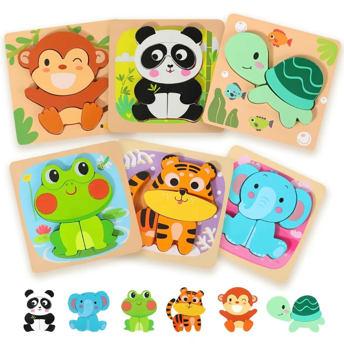 Montessori Wooden Animal Puzzle Set for Toddlers – 3D Chunky Blocks Educational Toy (6pcs)