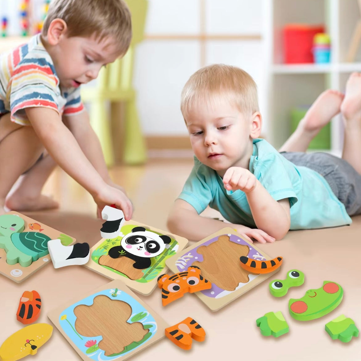 Montessori Wooden Animal Puzzle Set for Toddlers – 3D Chunky Blocks Educational Toy (6pcs)