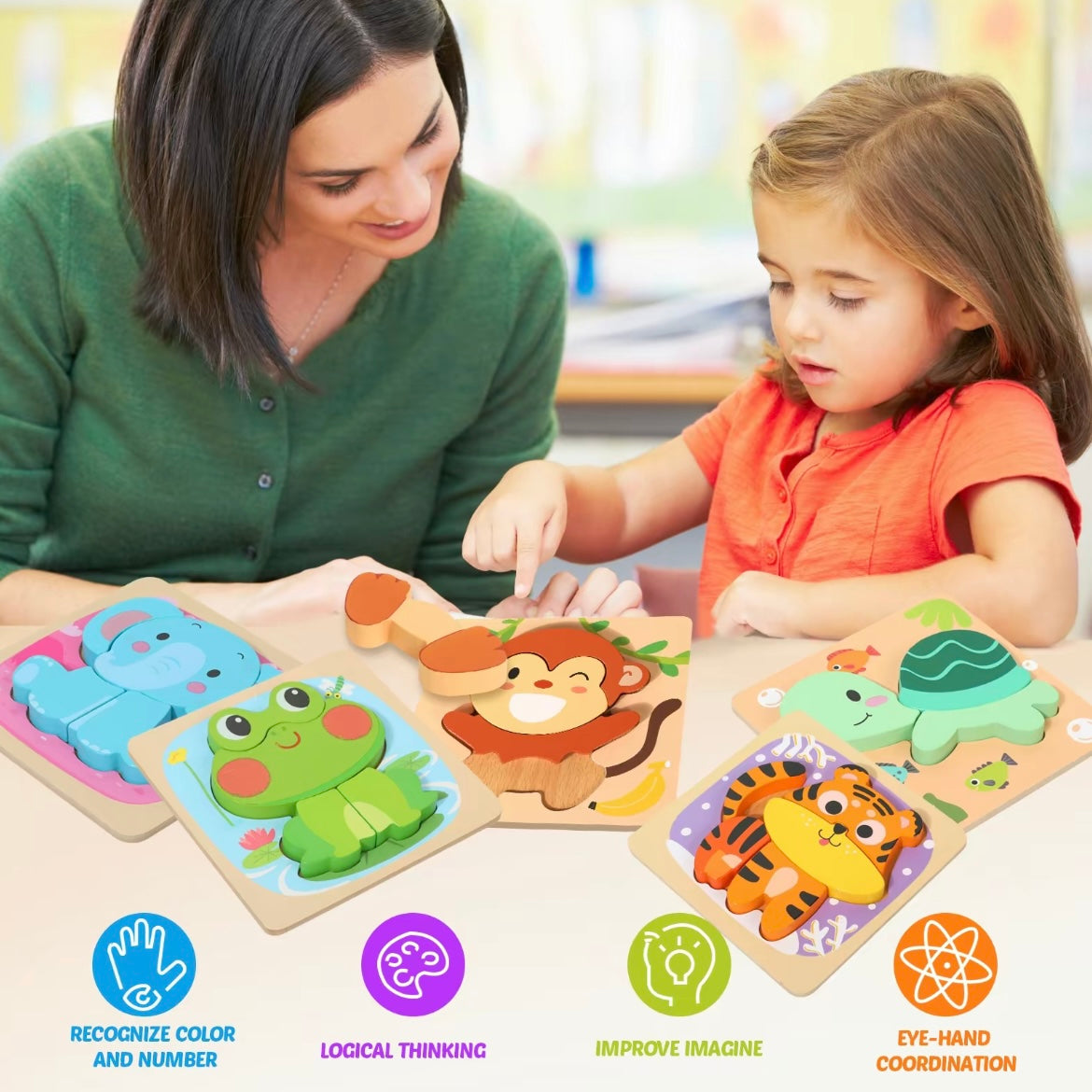 Montessori Wooden Animal Puzzle Set for Toddlers – 3D Chunky Blocks Educational Toy (6pcs)