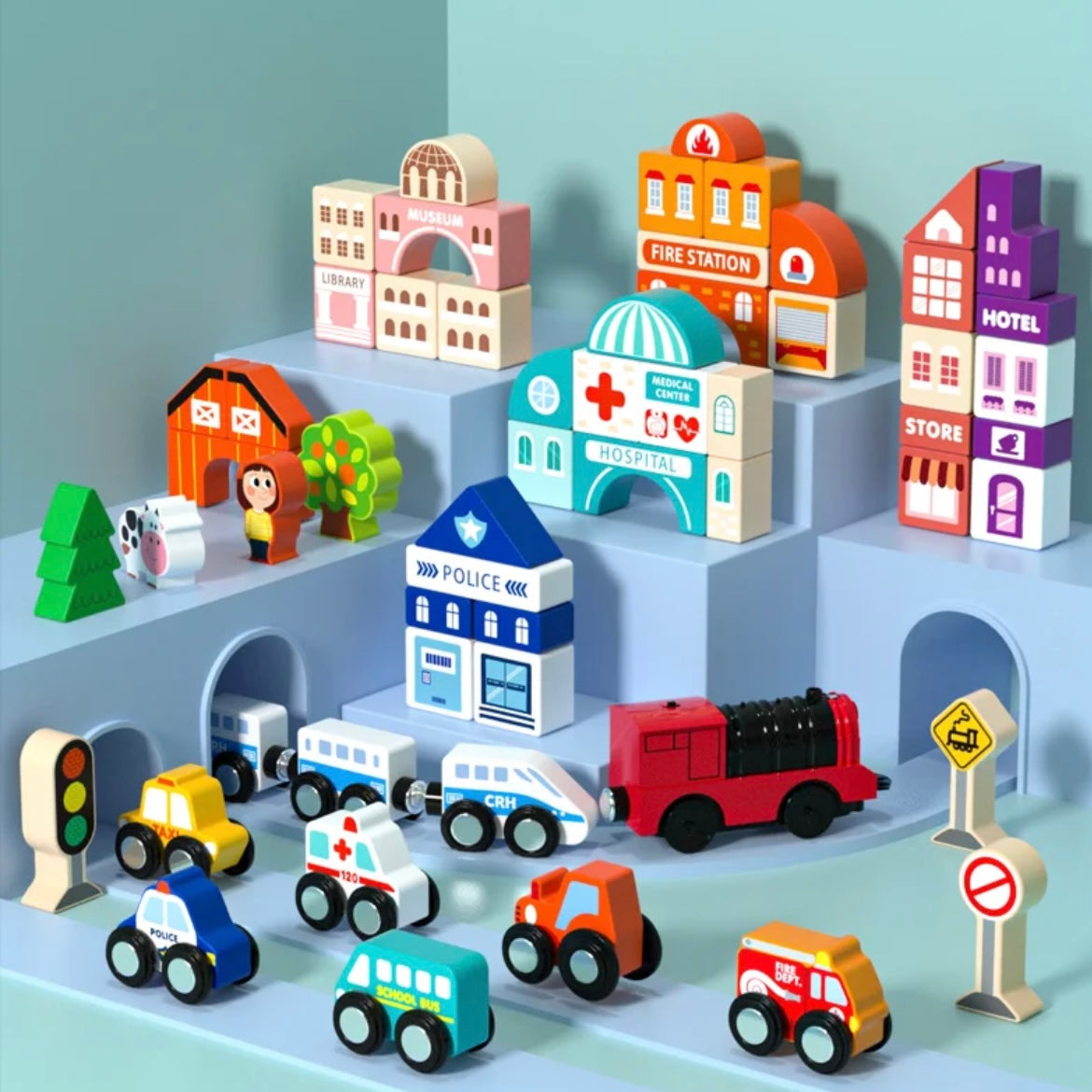 Wooden City Train Track Playset with Electric Locomotive & Building Blocks – Foldable Storage Table