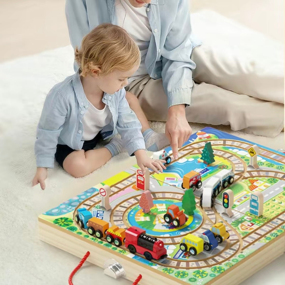 Wooden City Train Track Playset with Electric Locomotive & Building Blocks – Foldable Storage Table