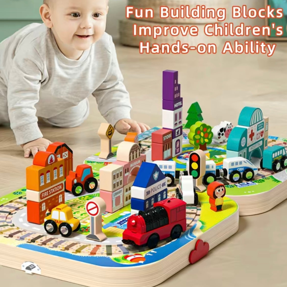 Wooden City Train Track Playset with Electric Locomotive & Building Blocks – Foldable Storage Table