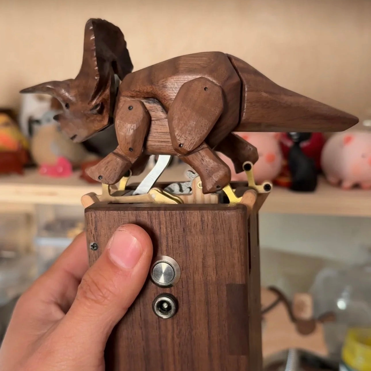 Original TriceraTrot: Handcrafted Wooden Dinosaur Automata