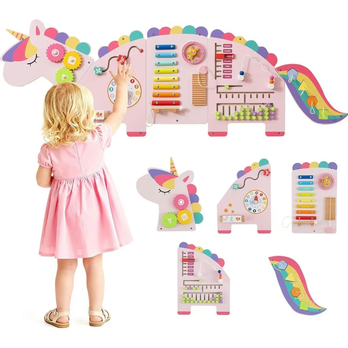 Montessori Wall-Mounted Busy Board for Toddlers – Unicorn & Dinosaur Wooden Sensory Activity Board
