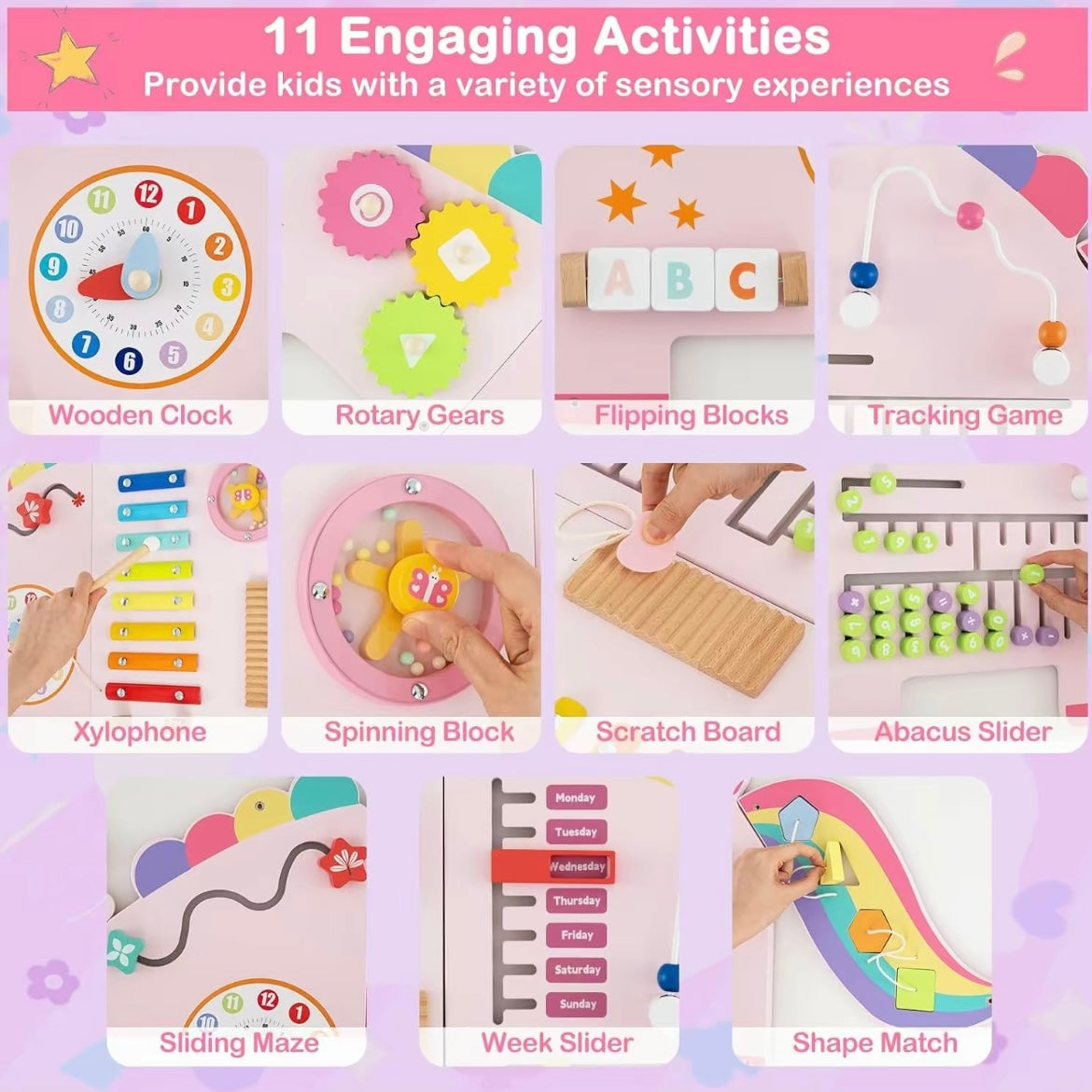 Montessori Wall-Mounted Busy Board for Toddlers – Unicorn & Dinosaur Wooden Sensory Activity Board