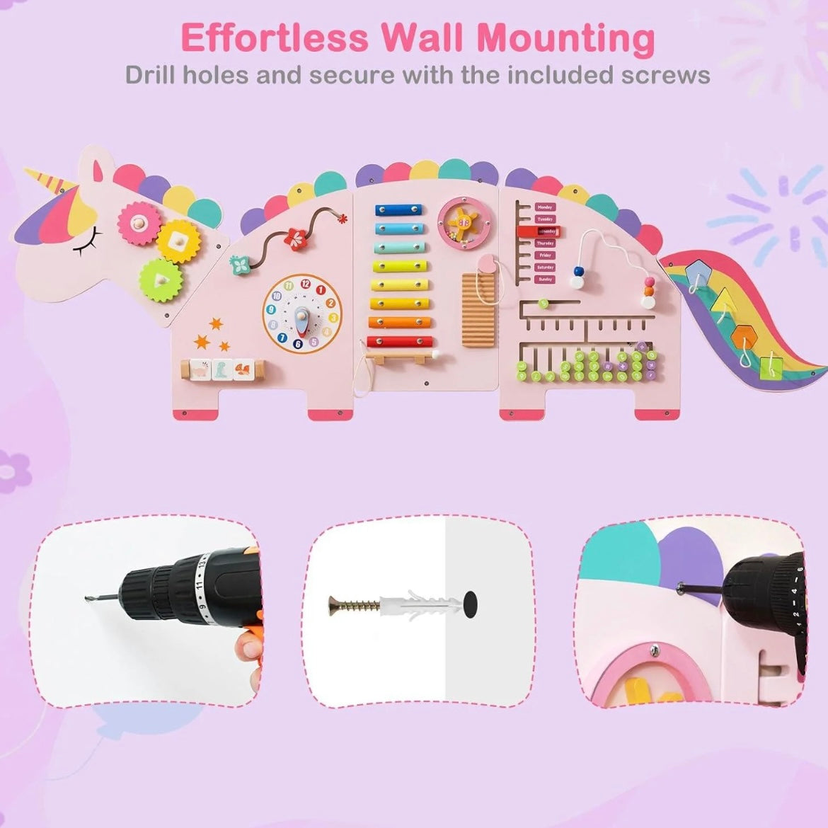 Montessori Wall-Mounted Busy Board for Toddlers – Unicorn & Dinosaur Wooden Sensory Activity Board