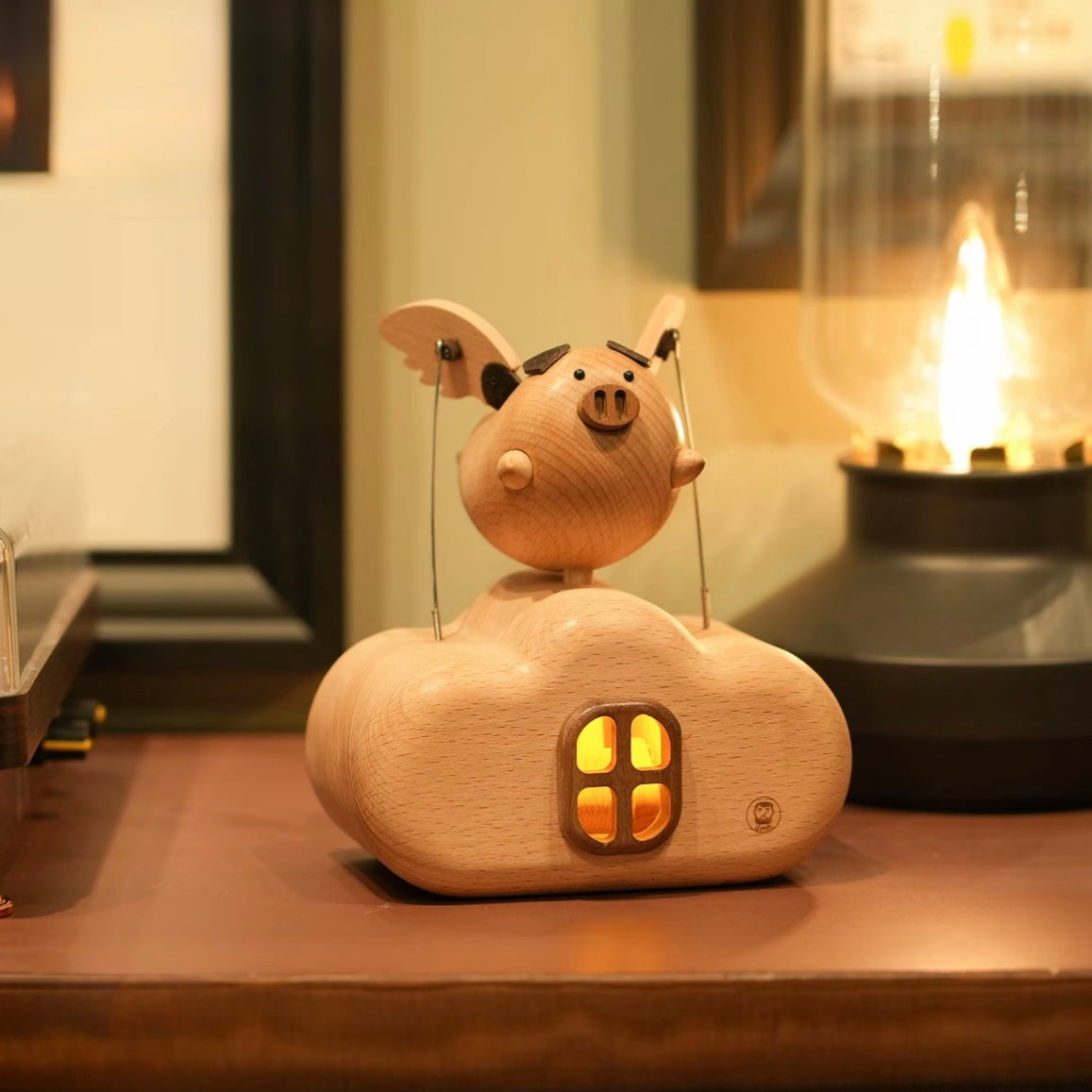 Original Flying Pig Cloud House Wooden Night Light – Handcrafted Winged Pig Desk Decor
