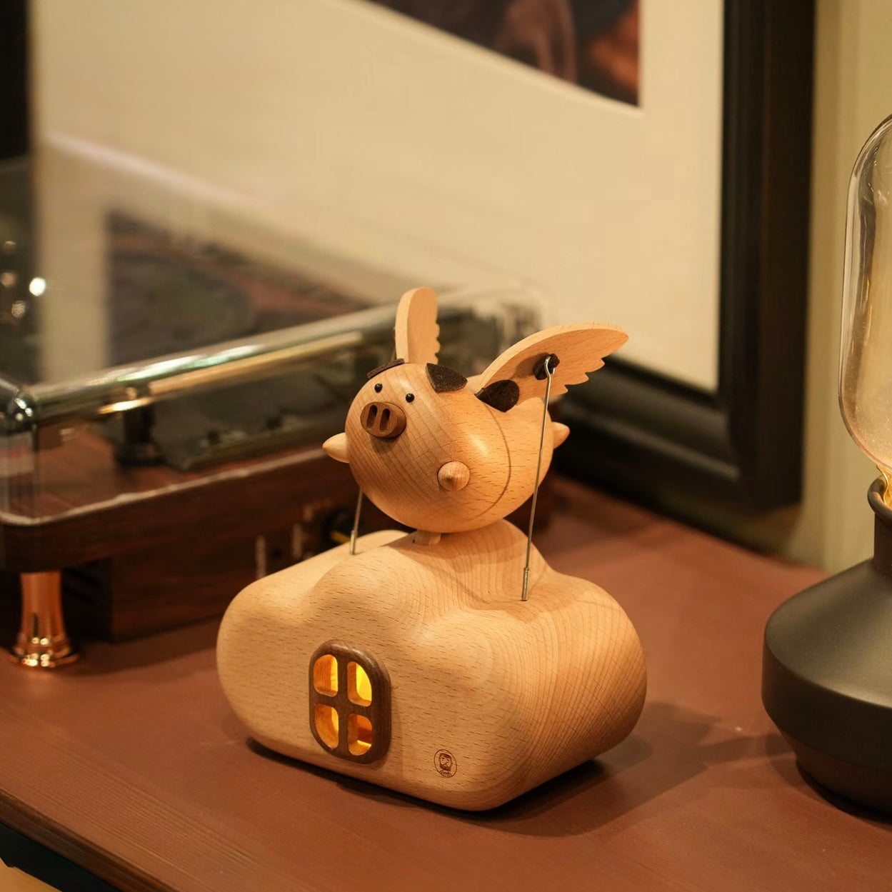 Original Flying Pig Cloud House Wooden Night Light – Handcrafted Winged Pig Desk Decor