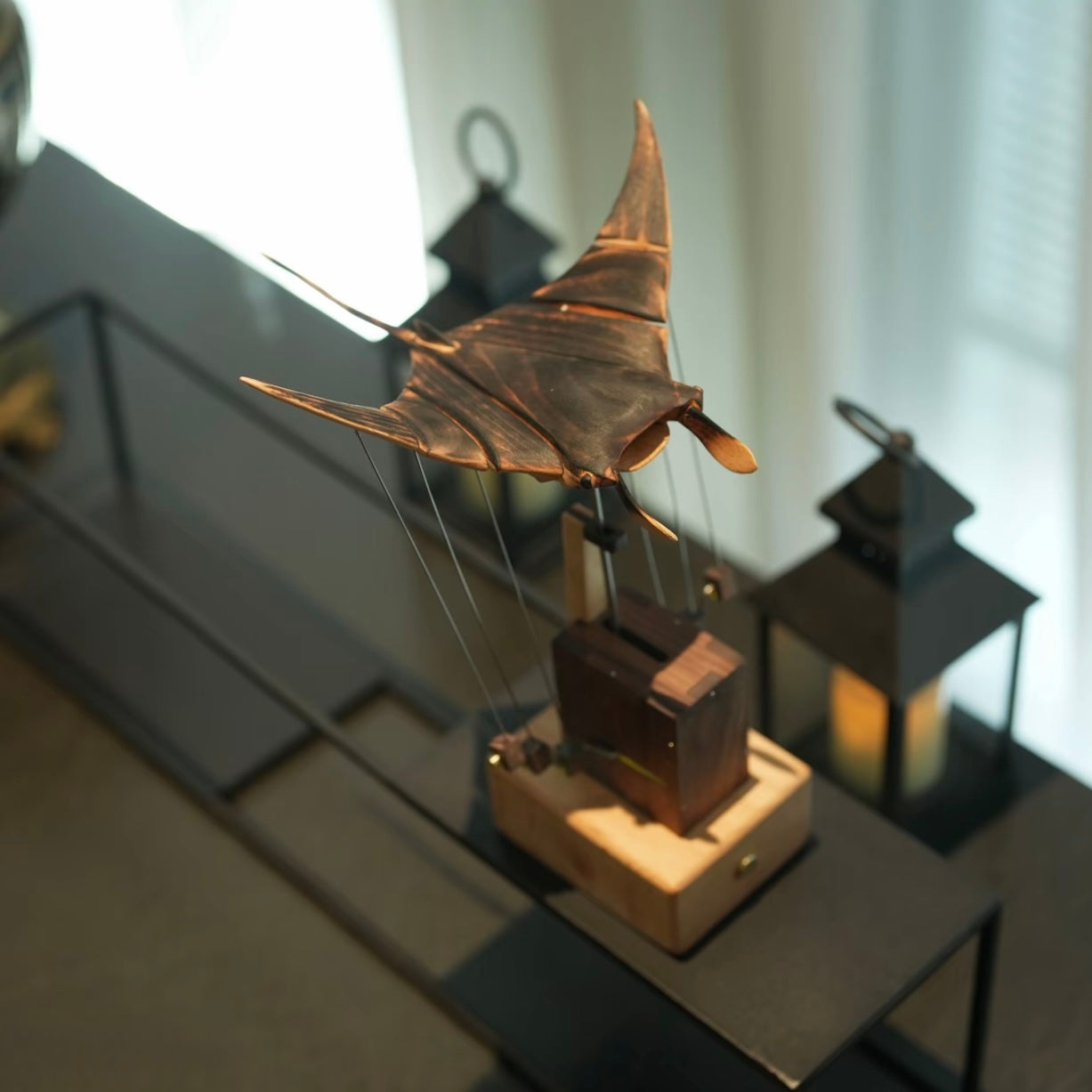 Original Handcrafted Wooden Manta Ray Automata – Smooth Gliding Motion Inspired by Ocean Grace