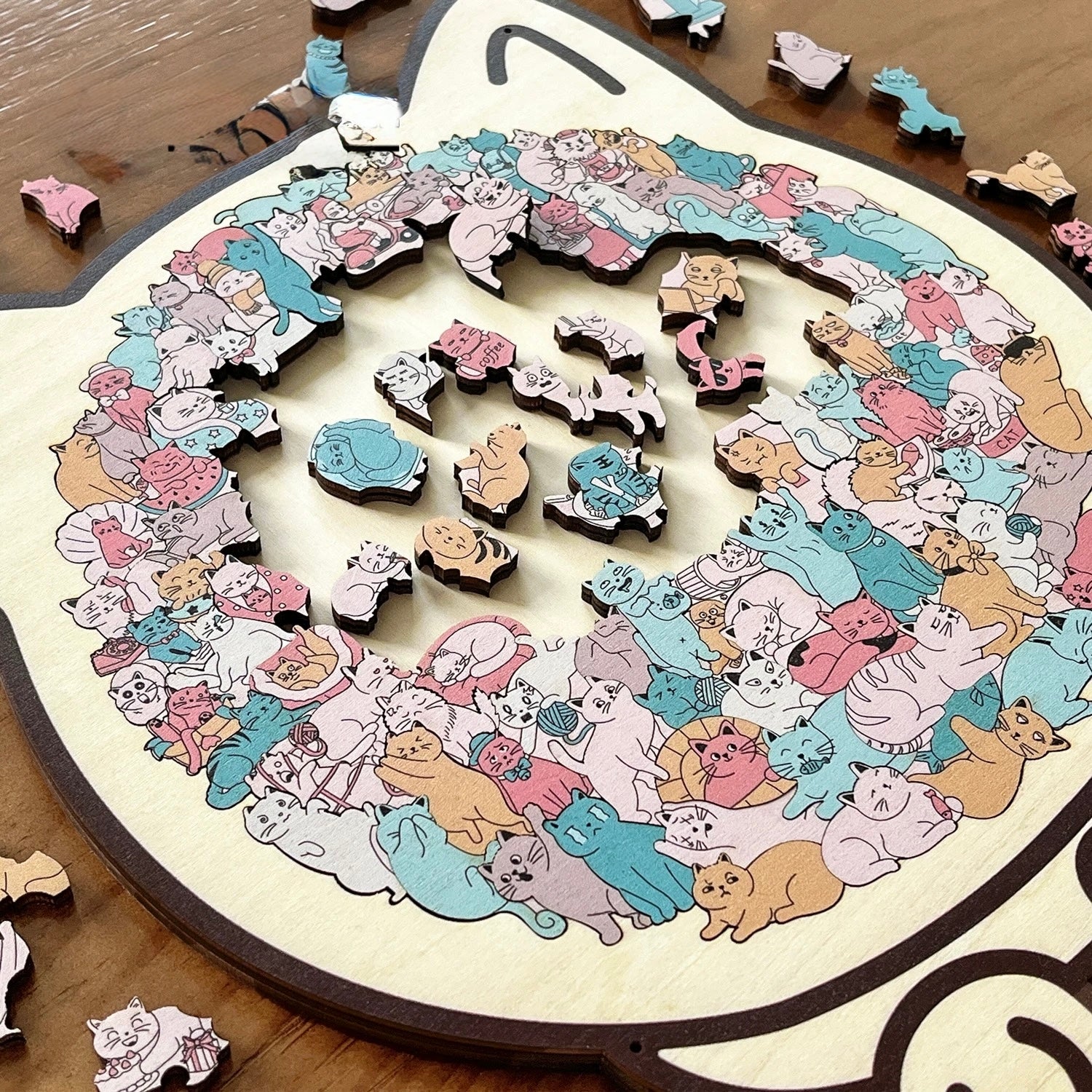 Cozy Cat Crowd — Wooden Jigsaw Puzzle (Cat-Shaped Board, Whimsy Pieces)