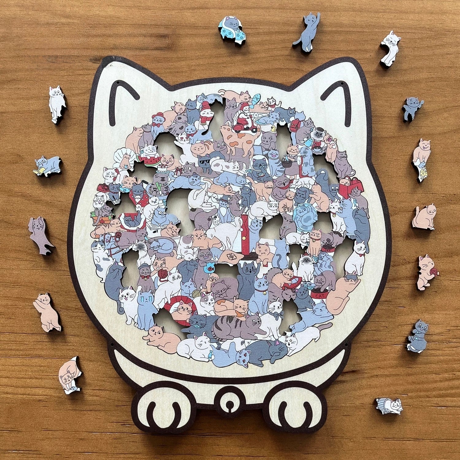 Cozy Cat Crowd — Wooden Jigsaw Puzzle (Cat-Shaped Board, Whimsy Pieces)