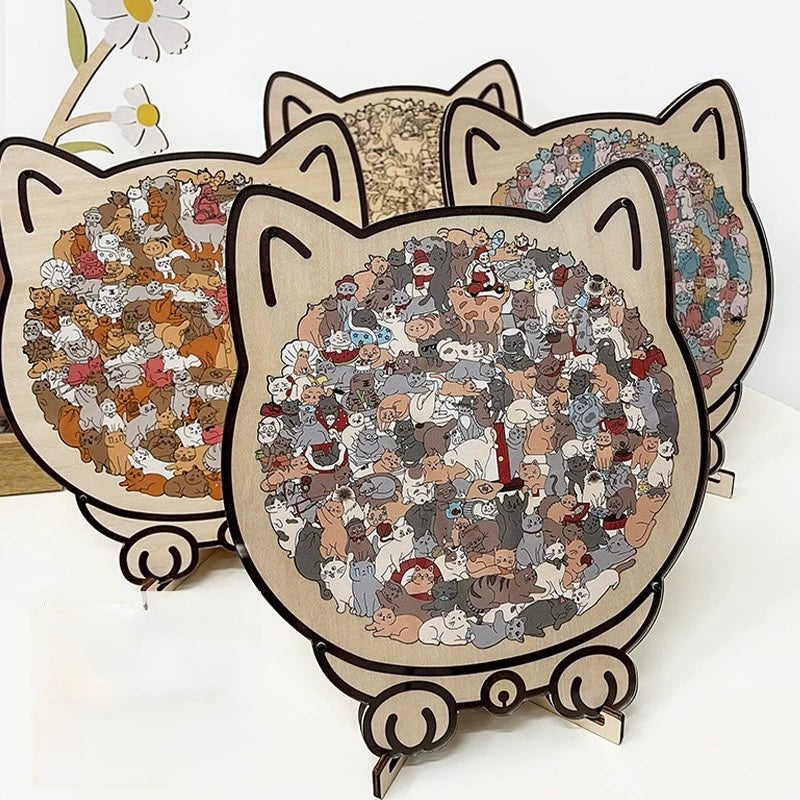 Cozy Cat Crowd — Wooden Jigsaw Puzzle (Cat-Shaped Board, Whimsy Pieces)