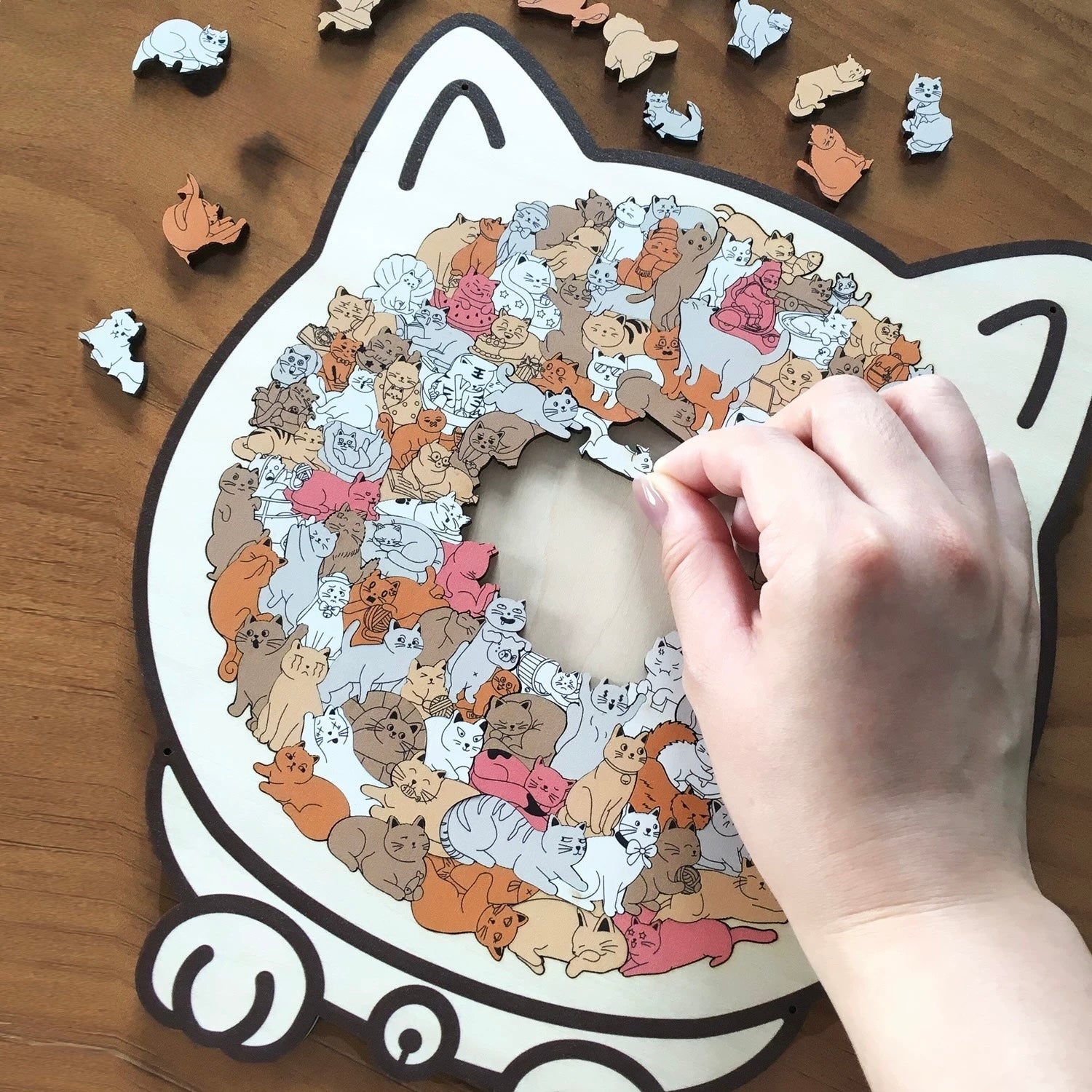 Cozy Cat Crowd — Wooden Jigsaw Puzzle (Cat-Shaped Board, Whimsy Pieces)