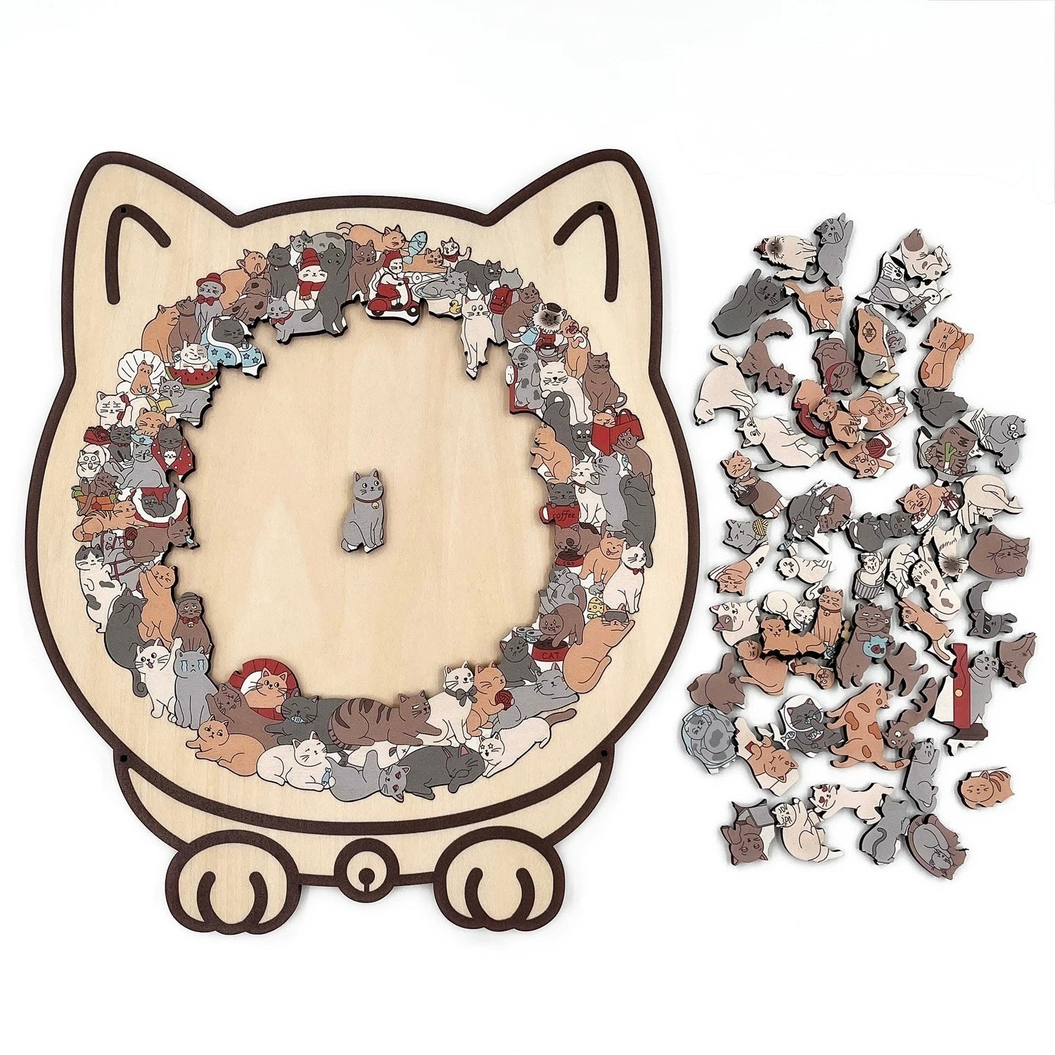 Cozy Cat Crowd — Wooden Jigsaw Puzzle (Cat-Shaped Board, Whimsy Pieces)