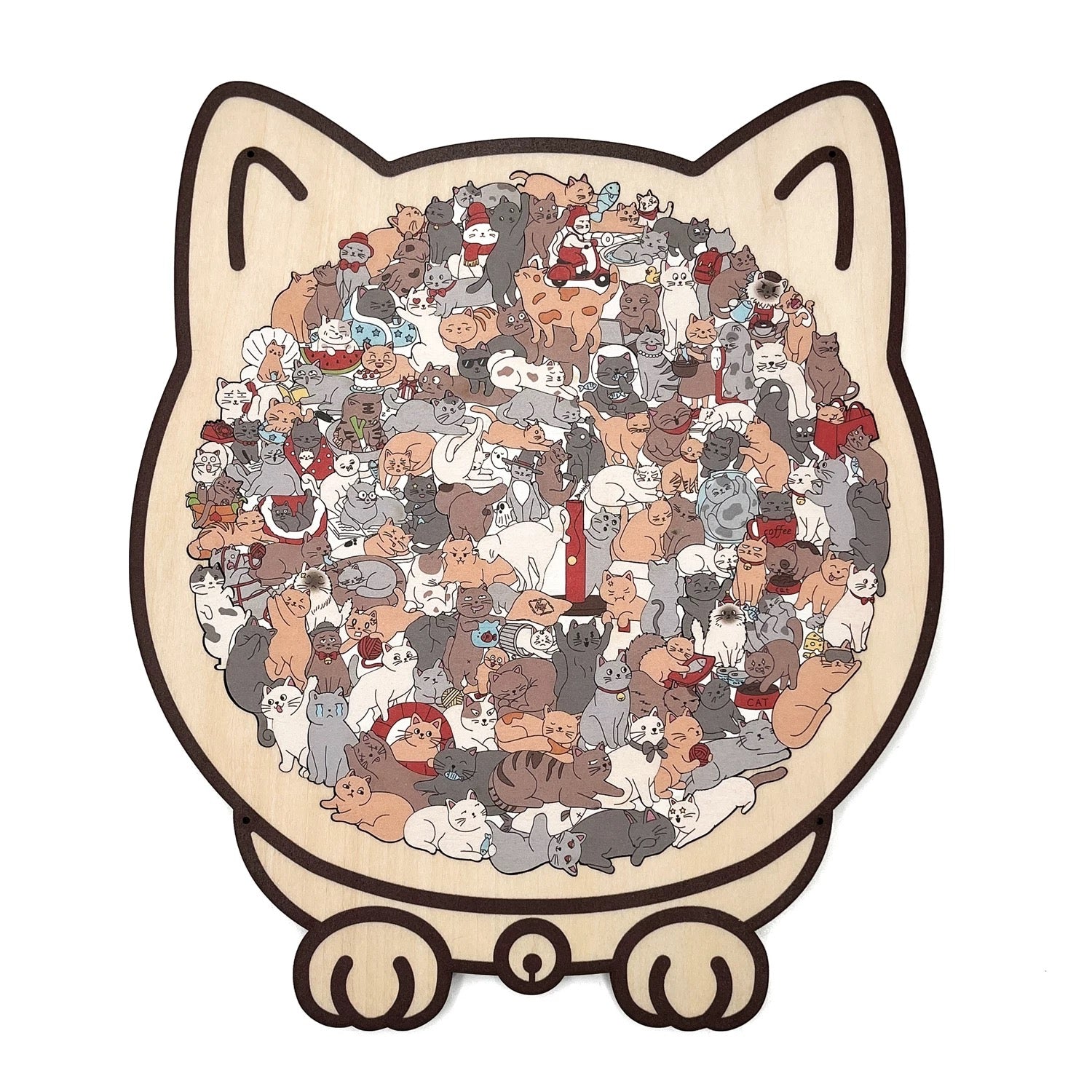 Cozy Cat Crowd — Wooden Jigsaw Puzzle (Cat-Shaped Board, Whimsy Pieces)