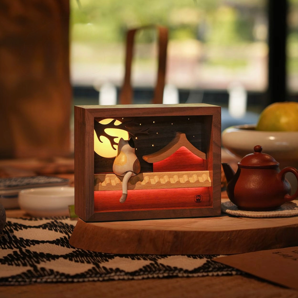 Moonlight Rooftop Cat – Handcrafted Wooden Night Light