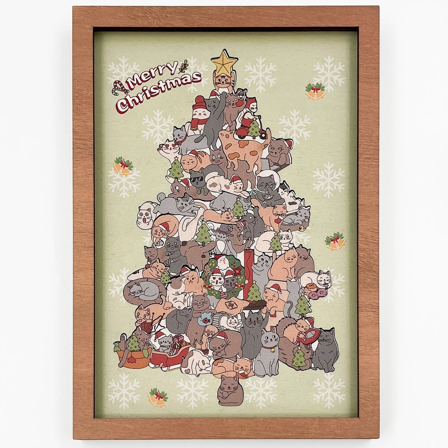 Cat Christmas Tree Framed Wooden Jigsaw Puzzle – Holiday Decor Wall Art with Clear Acrylic Cover