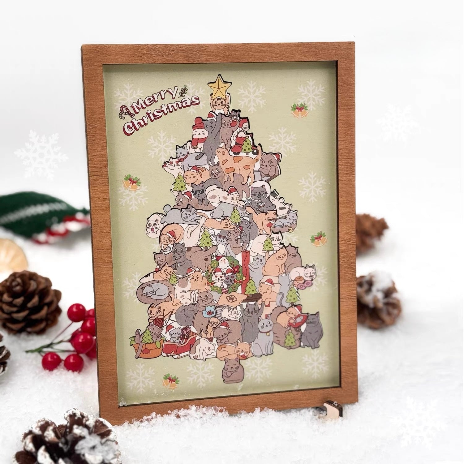 Cat Christmas Tree Framed Wooden Jigsaw Puzzle – Holiday Decor Wall Art with Clear Acrylic Cover