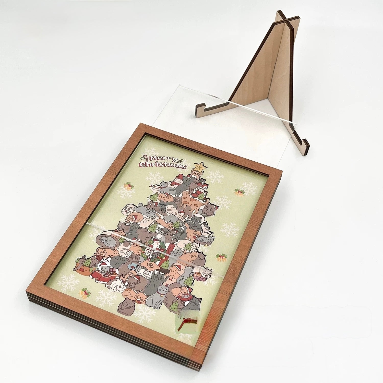 Cat Christmas Tree Framed Wooden Jigsaw Puzzle – Holiday Decor Wall Art with Clear Acrylic Cover