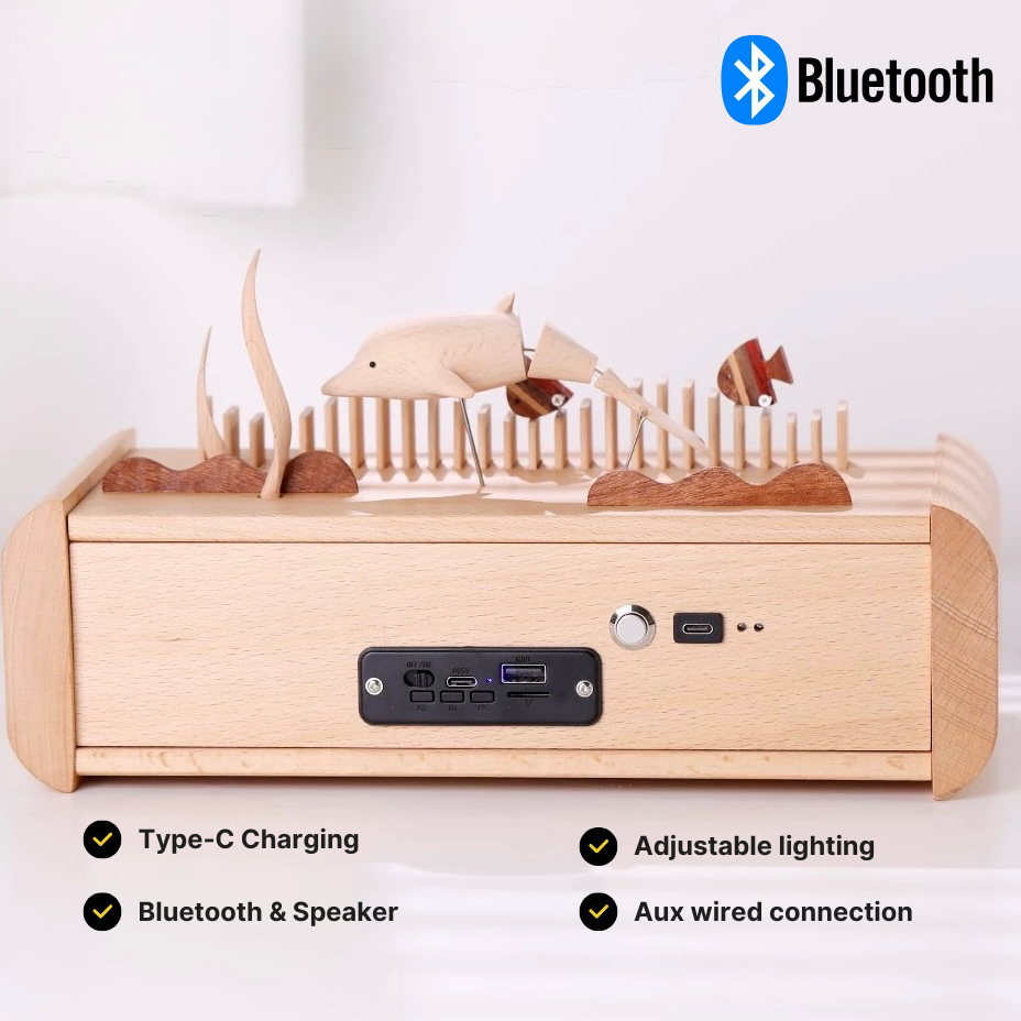 Handcrafted Automata Dolphin-Themed Wooden Bluetooth Speaker with Ambient Lighting