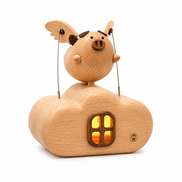 Original Flying Pig Cloud House Wooden Night Light – Handcrafted Winge