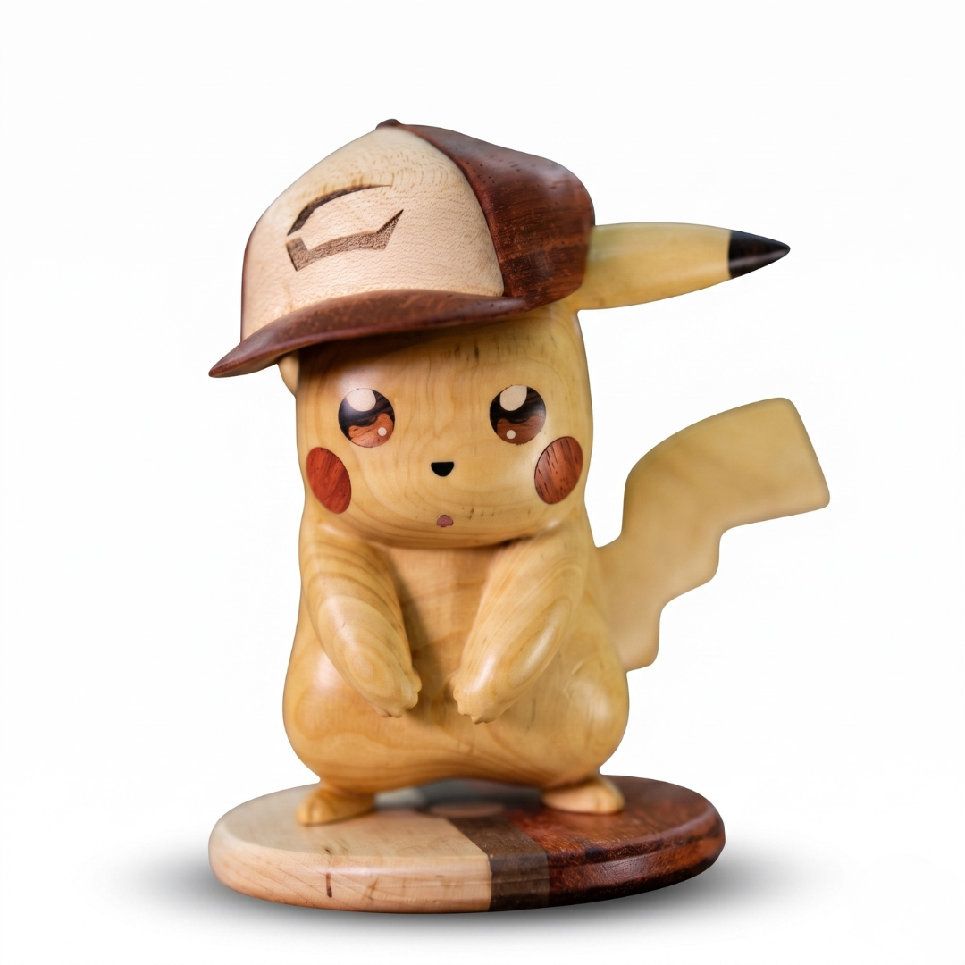 Hand-Carved Boxwood Pokemon-Inspired Pikachu Figurine – Artisan Wooden Collectible Decor