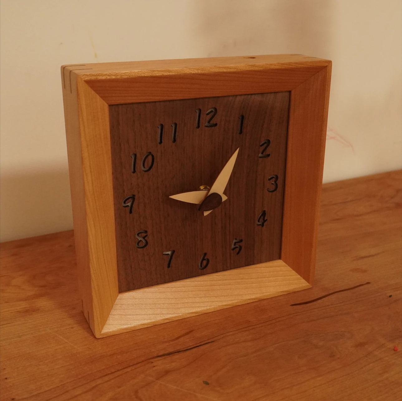 CraftsMM Handmade Wooden Clock Silent Adjustable Soft Light, Cherry Wood Walnut Square Rustic Natural Wood Clocks Decor for Home Kitchen Living Room Office, Type-C Charger(8 Inch)