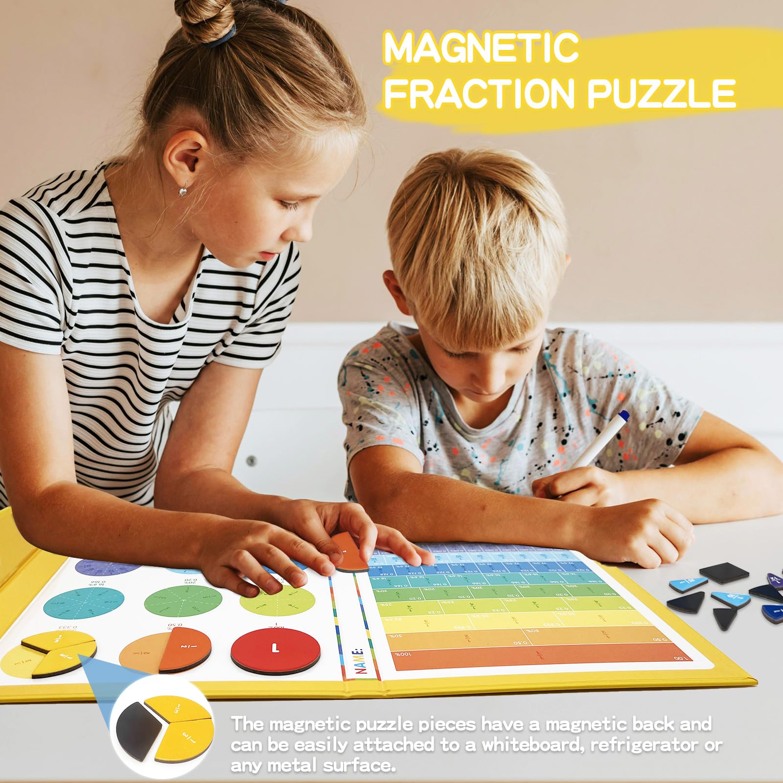 Magnetic Fraction Learning Kit for Kids – Colorful Math Manipulatives with Fraction Circles, Bars & Whiteboard – Montessori Educational STEM Toy for Classroom & Homeschool