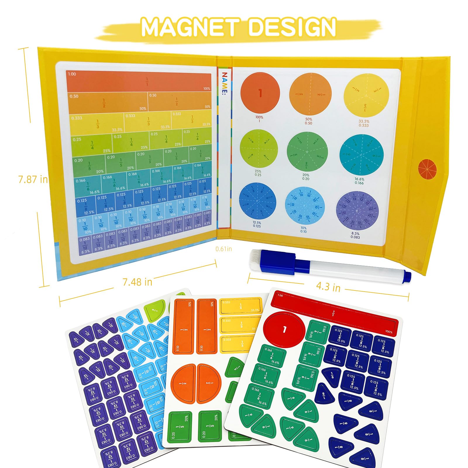 Magnetic Fraction Learning Kit for Kids – Colorful Math Manipulatives with Fraction Circles, Bars & Whiteboard – Montessori Educational STEM Toy for Classroom & Homeschool